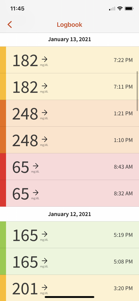 LibreLinkUp app logbook showing a list of glucose readings with dates times and trend arrows