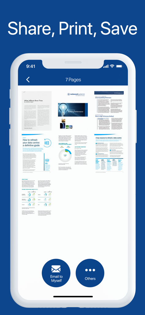 PDF Scanner to scan Document.s - An iPhone display showing the PDF Scanner app interface with a grid of seven scanned pages and options to share print save or email the document