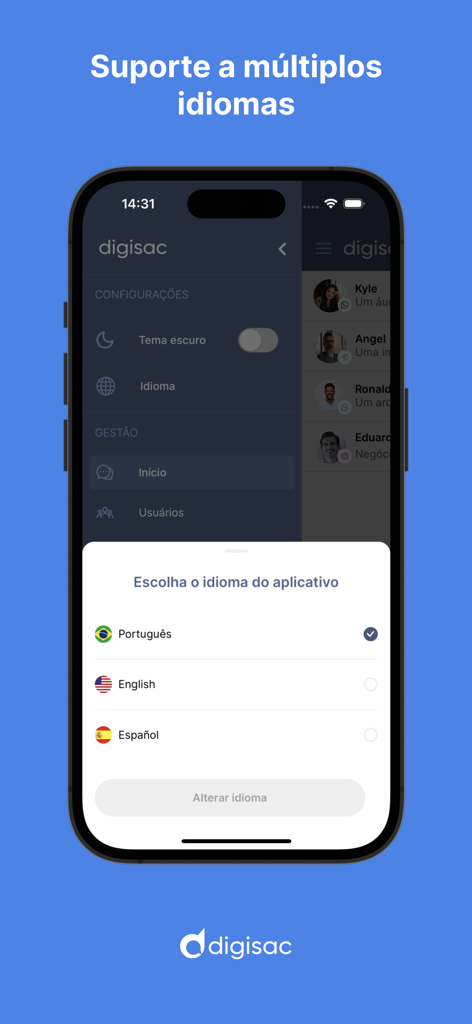 Digisac app interface displaying a language selection menu with options for Portuguese, English, and Spanish