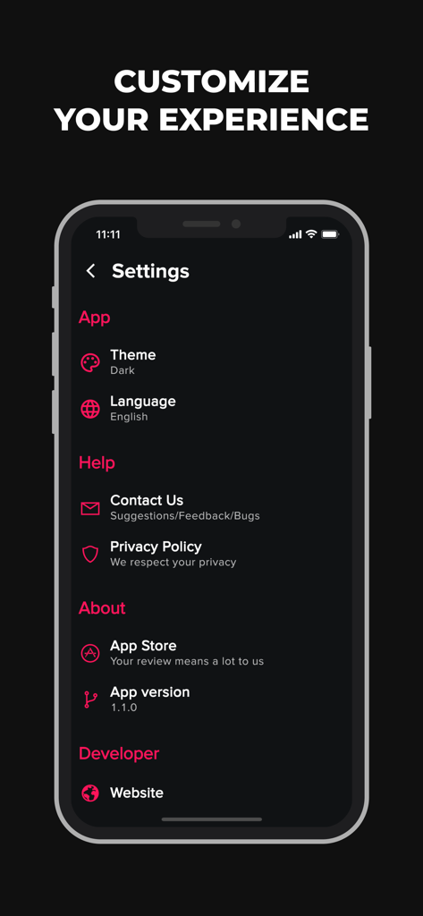 BMI 계산기 및 추적기 앱 설정 화면으로, 다크 모드 테마와 언어 사용자 지정 옵션이 특징입니다.