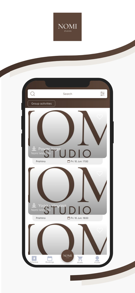 iPhone screen displaying NOMI STUDIOS yoga class schedule with Power Yoga and Vinyasa options