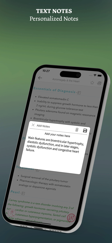 Función de notas de texto personalizadas en la aplicación médica Cardiología: Diagnóstico y Tratamiento