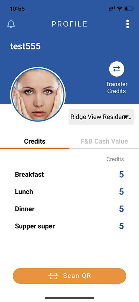 NUS Hostel Dining app user profile screen showing meal credit balances and a scan QR button