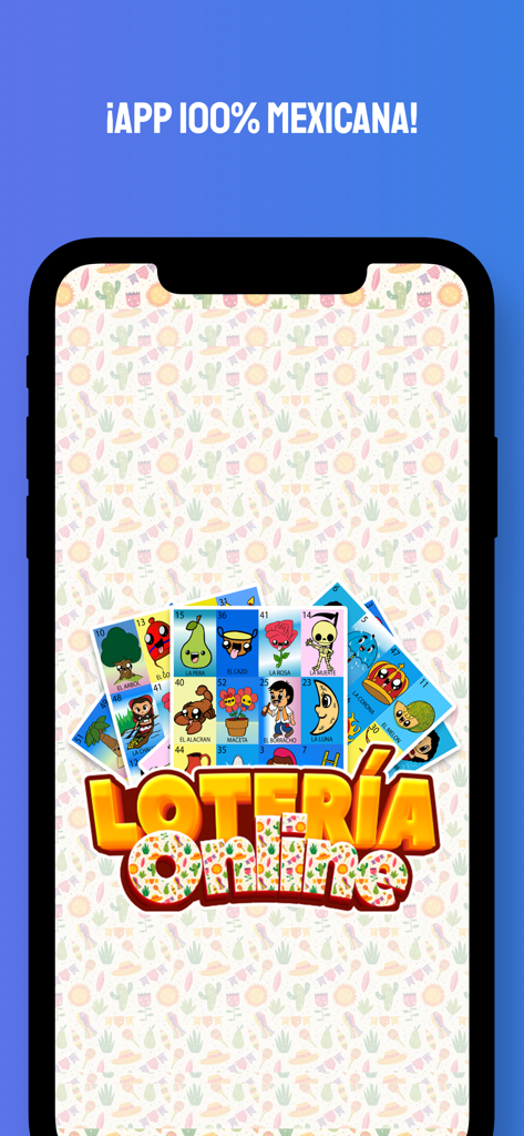 Online Mexican Lottery - Splash screen of the Online Mexican Lottery app showing traditional Loteria cards and the text App 100% Mexicana.