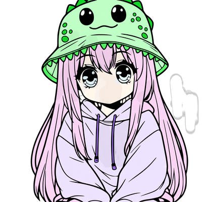 girl with anime shaped eyes with a dinosaur bucket hat oversized sweatshirt long straight hair