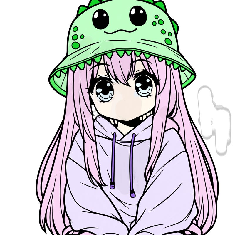 girl with anime shaped eyes with a dinosaur bucket hat oversized sweatshirt long straight hair
