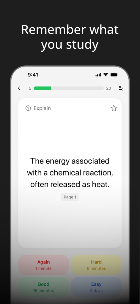 YouLearn app flashcard interface showing a chemistry question with spaced repetition study options.