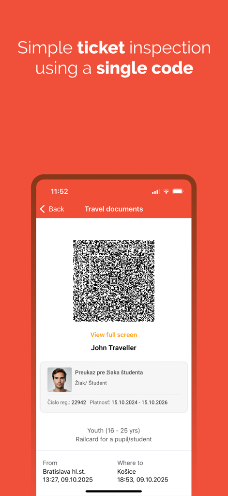 IDeme vlakom - A mobile app screenshot showing a digital train ticket with a QR code for quick inspection
