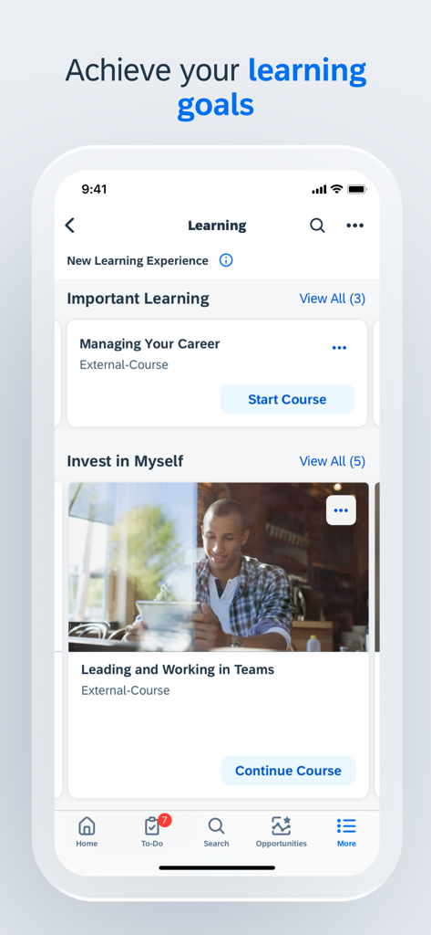 The SAP SuccessFactors Mobile app displaying the Learning module with course options like Managing Your Career and Leading and Working in Teams.
