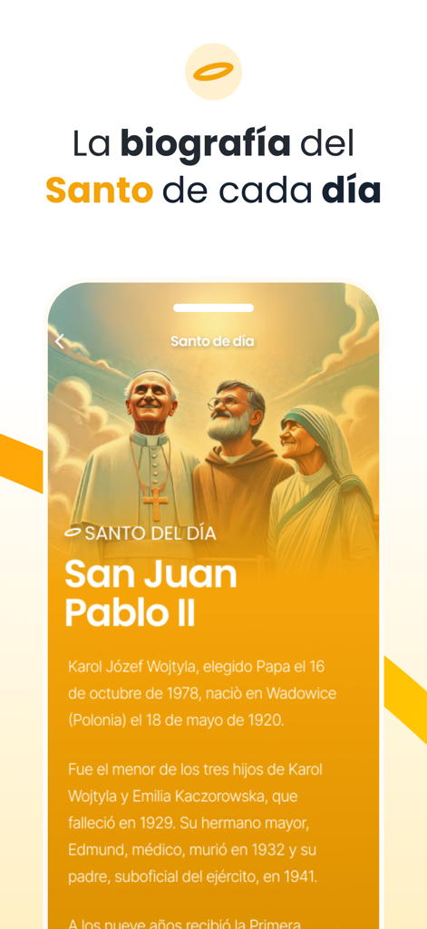 ePrex: Liturgia Horas - Saints - Capture d'écran de l'application ePrex affichant la biographie de saint Jean-Paul II dans la rubrique « Saint du jour », avec des illustrations religieuses.