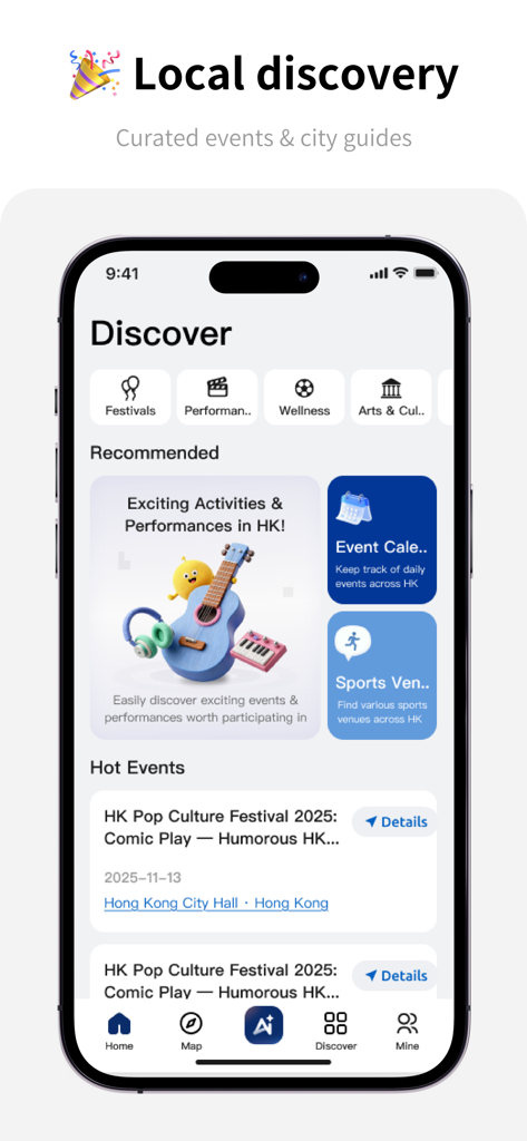 HK Transit & Customs - ZoiHK - Interfaccia dell'app mobile che mostra eventi locali curati e guide della città per Hong Kong