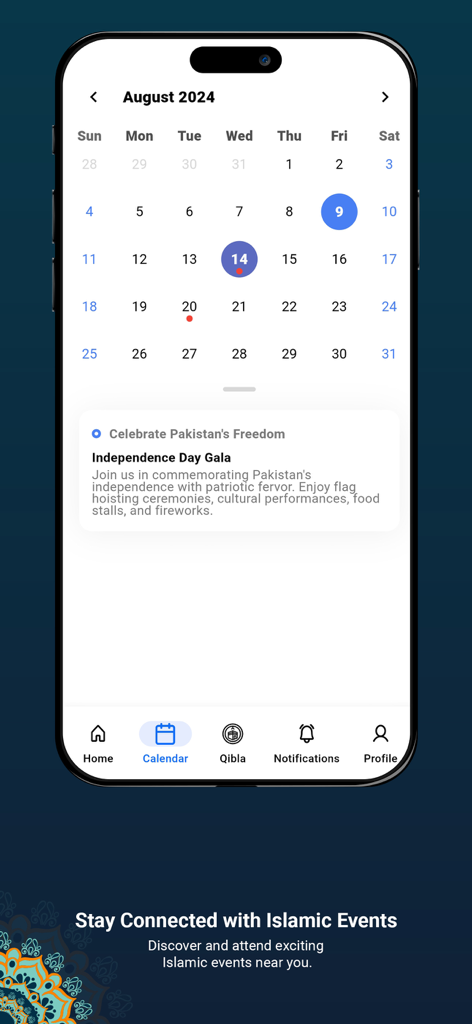 Salah Mate - Salah Mateアプリのカレンダー画面。地元のイスラムイベントや地域社会の集まりが表示されています。