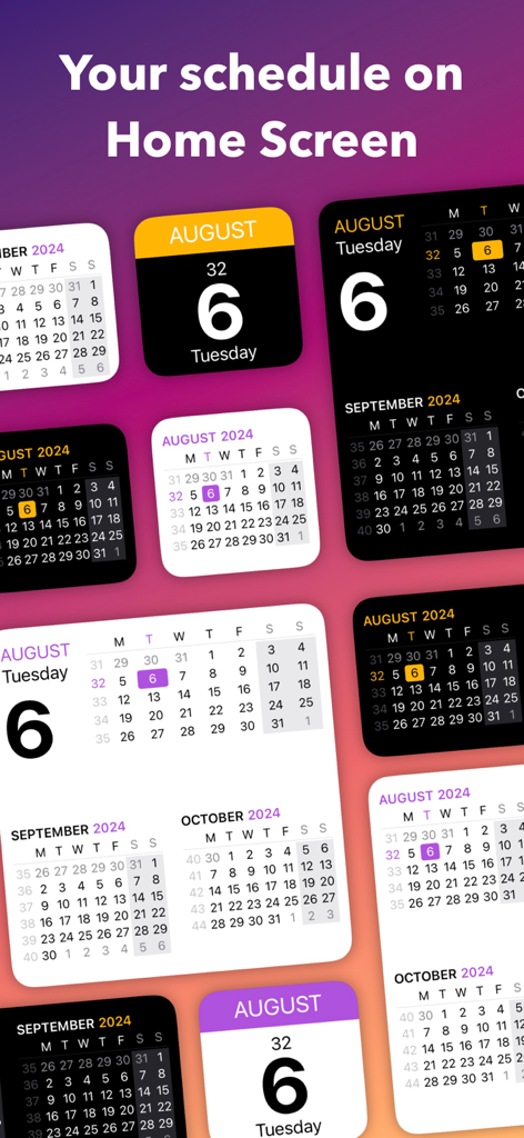 Eine Sammlung von anpassbaren Kalender-Widgets in verschiedenen Farben und Stilen für den iOS-Startbildschirm.