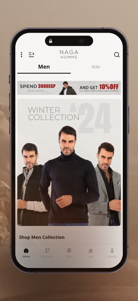 Naga Homme - Naga Homme shopping app home screen featuring the men winter collection