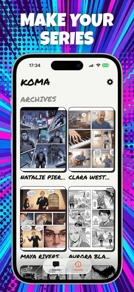 KOMA:Comic Maker Manga, Manhwa - The KOMA app interface displaying a library of various AI-generated comic and manga series.