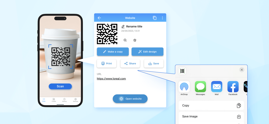 Un smartphone escaneando un código QR en una taza de café que muestra un enlace web con opciones para compartir e imprimir.