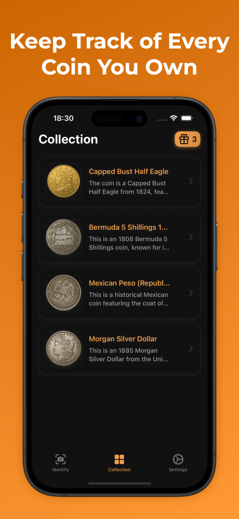 Coin Identifier & Checker - Una interfaz de aplicación móvil que muestra una colección de monedas digitales con monedas raras identificadas como el Dólar de Plata Morgan y el Peso Mexicano.