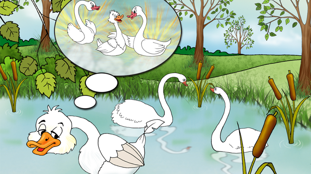 The Ugly Duckling Book - The Ugly Duckling in a pond thinking of three beautiful swans in a thought bubble.
