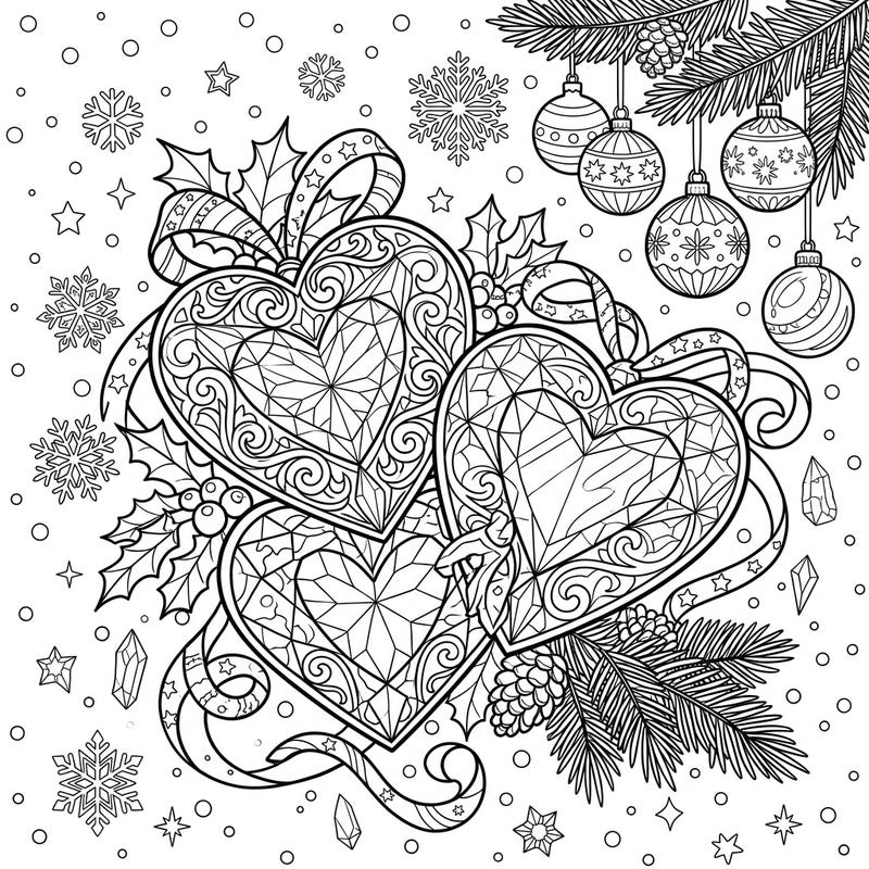 Immerse yourself in the festive spirit with this enchanting coloring page featuring elegant gemstone hearts. Adorned with classic Christmas elements, it promises a delightful and sparkling holiday coloring experience.