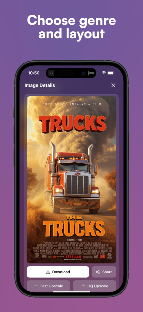 Posta - AI Poster Designer - Posta app interface showing a cinematic AI generated movie poster of a truck