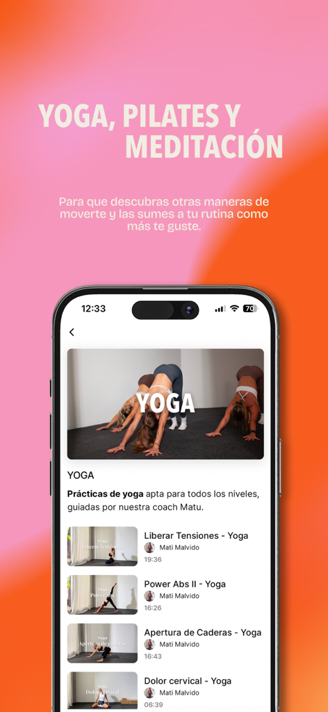 Inner Space - Smartphone screen showing the Inner Space app with a selection of yoga pilates and meditation classes for women