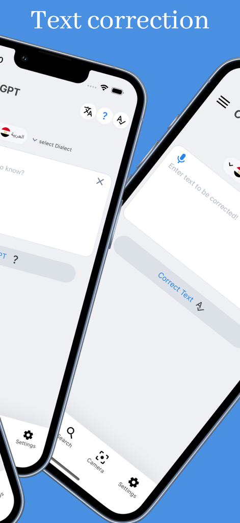 arabdict App zeigt die Benutzeroberfläche zur Textkorrektur und Auswahl arabischer Dialekte auf Mobilgeräten.