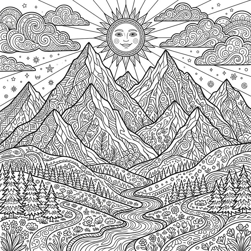 Immerse yourself in the breathtaking beauty of a summer mountain landscape with this intricate adult coloring page. Discover a world of detailed peaks, a winding river, and a smiling sun waiting for your creative touch.