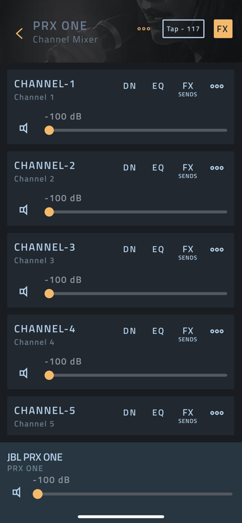 JBL Pro Connect - Tela do mixer de canal do aplicativo JBL Pro Connect para gerenciamento de áudio profissional de alto-falantes