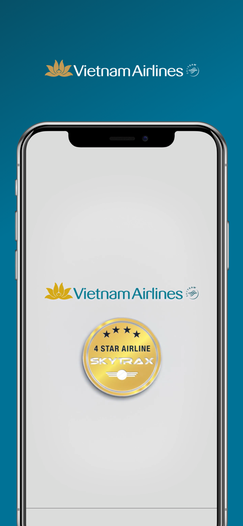 Pantalla de inicio de la aplicación Vietnam Airlines que muestra la insignia de calificación de 4 estrellas Skytrax de la aerolínea