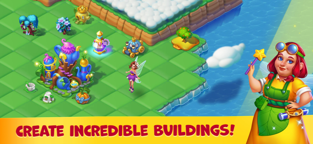 Fairyland: Merge & Magic - Gameplay screenshot of Fairyland Merge and Magic showing a magical island with colorful buildings and a character holding a star wand.