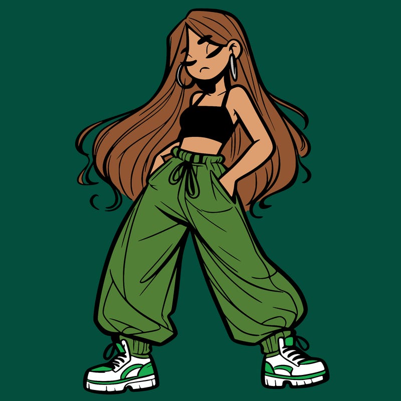 girl in baggy pants crop top and long hair