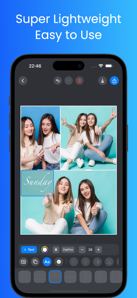 Easy Collage - Photo Grids - Interface de l'application Easy Collage montrant une grille de trois photos avec le texte Sunday et des options d'édition