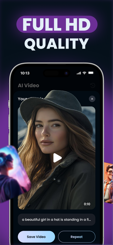 Vidu AI: Video Generator - iPhone montrant une vidéo IA haute définition d'une femme au chapeau générée à partir de texte.