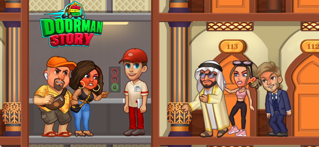 Cartoon hotel staff and guests interacting in an elevator and hallway scene in Doorman Story