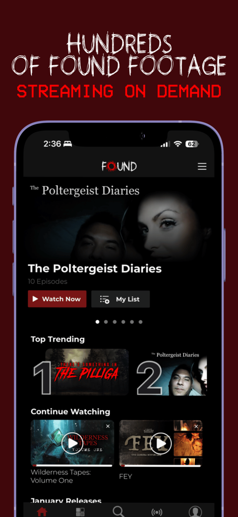 Pantalla de inicio de la aplicación FOUND TV con películas de horror de metraje encontrado y títulos populares.