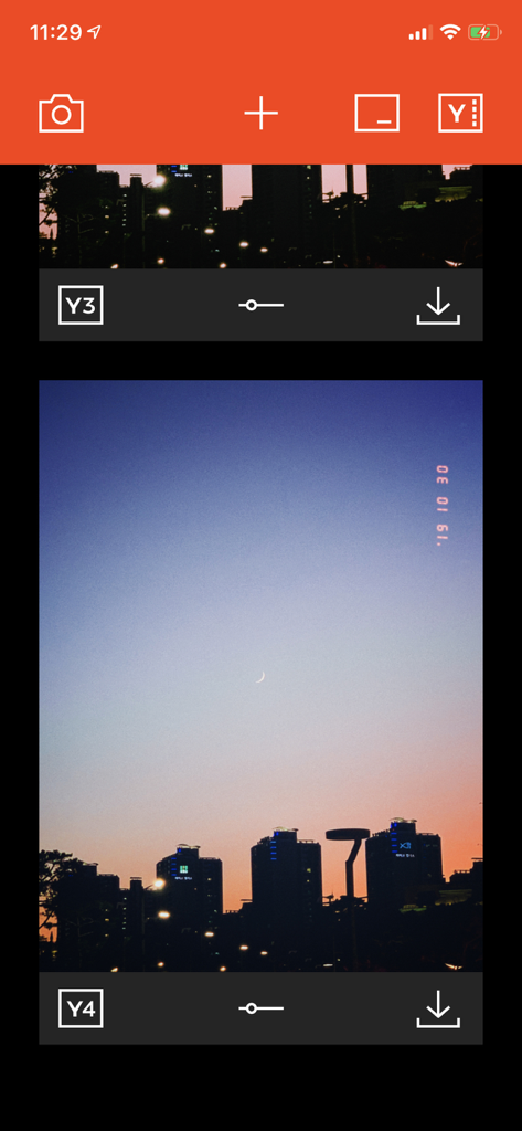 Interface of Filmlike Camera app showing photos with vintage film filters and date stamps