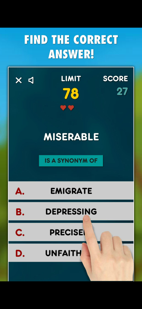 Gameplay-Bildschirm des Synonyme-Spiels, der eine Multiple-Choice-Frage zum Wort 'miserable' zeigt.