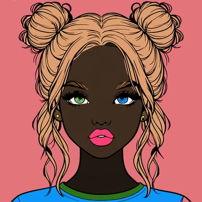realistic girl with two buns in hair and lips