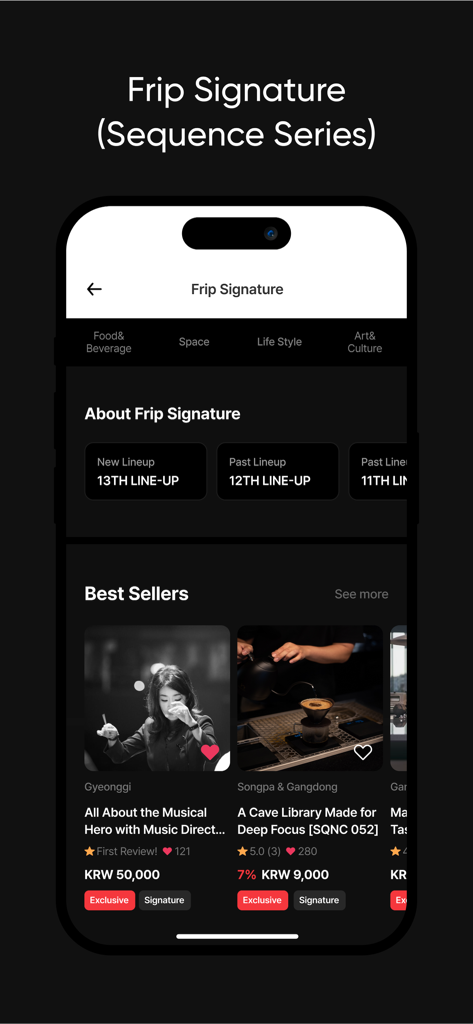 Schermata dell'app Frip che mostra esperienze culturali coreane curate e attività locali più vendute