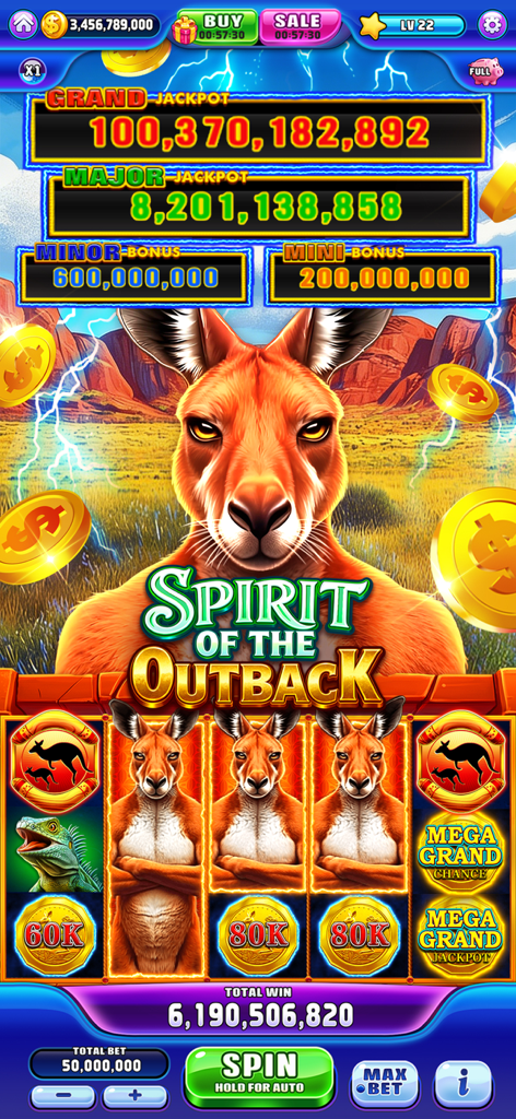 Dragon Jackpot Slots Casino - Spirit of the Outback slot game screen with kangaroo theme and massive jackpot totals