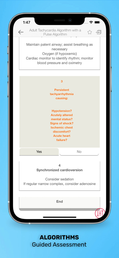 ECG Interpretation: Pkt Guide - Mobile app interface displaying an Adult Tachycardia Algorithm for clinical guided assessment.