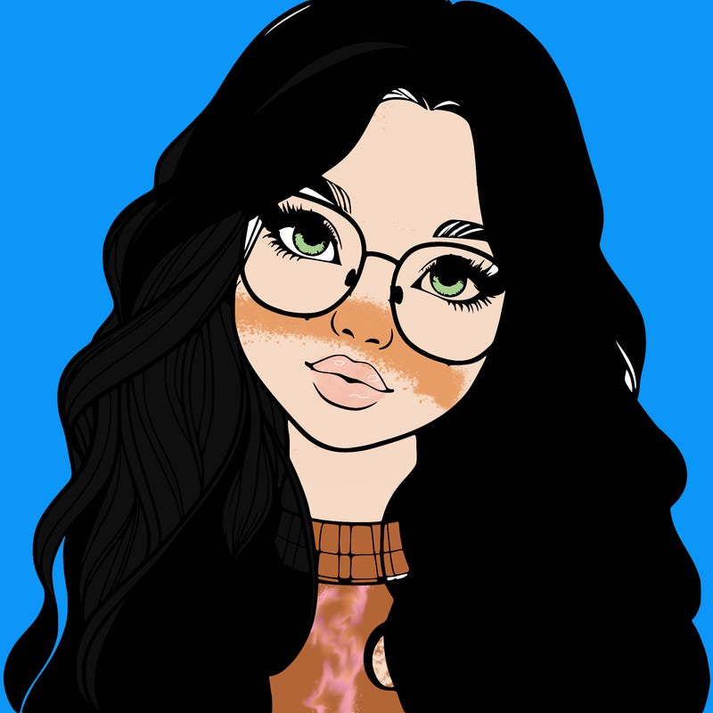 girl with long hair and freckles and glasses realistic