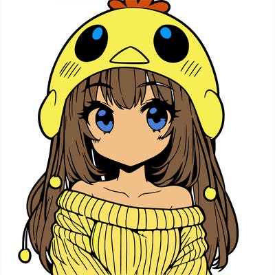 anime girl with chick shaped hat with sweater with bare shoulders with bangs covering them one eye with low tail
