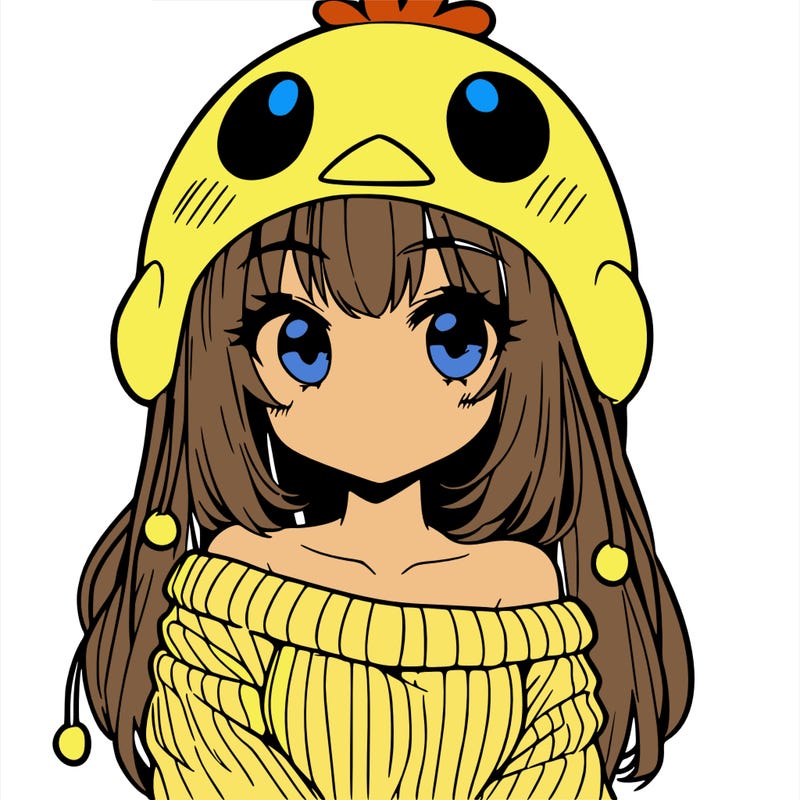 anime girl with chick shaped hat with sweater with bare shoulders with bangs covering them one eye with low tail