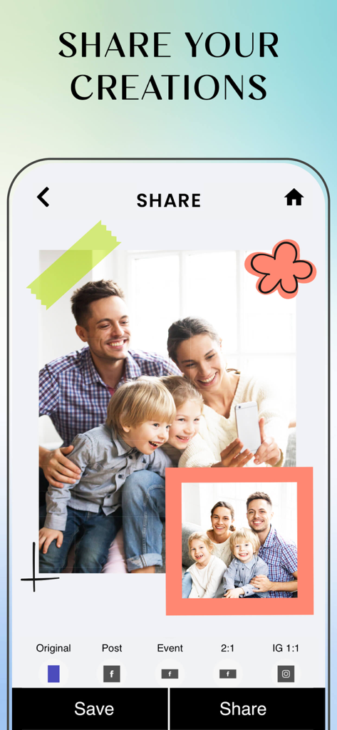 Interface of Family Tree Collage Maker app showing a family photo collage with sharing and saving options
