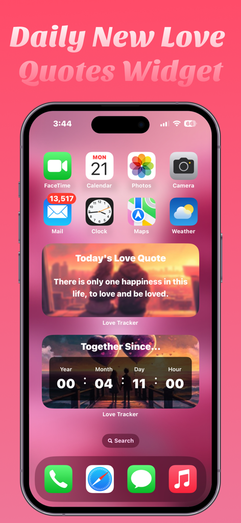 Love Tracker: Day Counter - Uma tela inicial do iPhone com dois widgets do Love Tracker, um mostrando uma citação de amor diária e o outro um contador de aniversário de relacionamento.