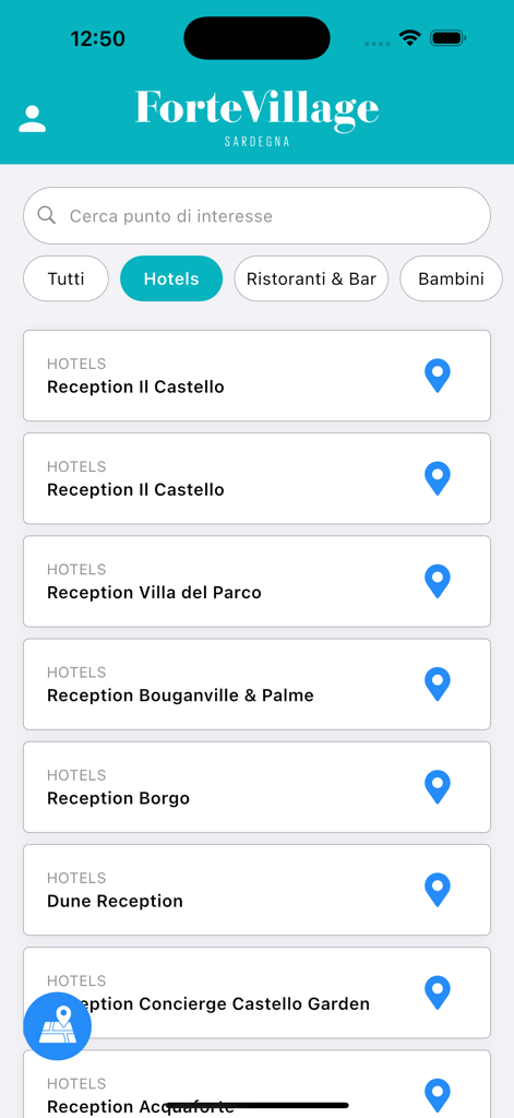 Forte Village Resort - Hotel directory screen in the Forte Village Resort app listing various reception desks