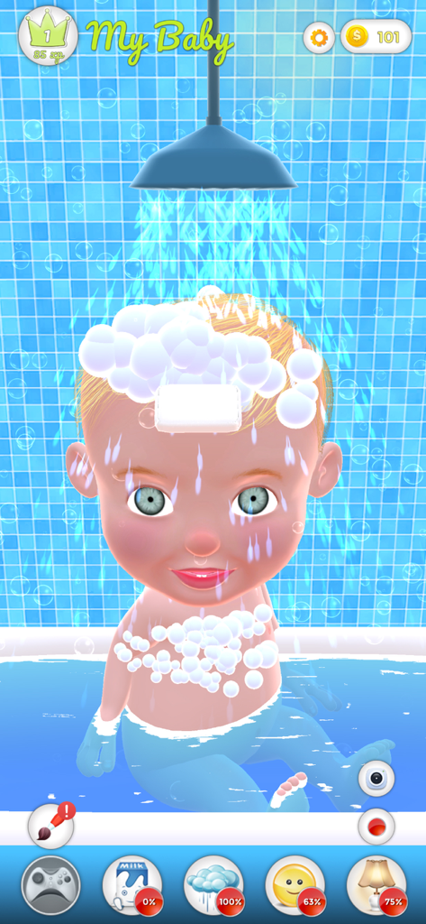Bathing a virtual baby with soap bubbles in the My Baby simulation game