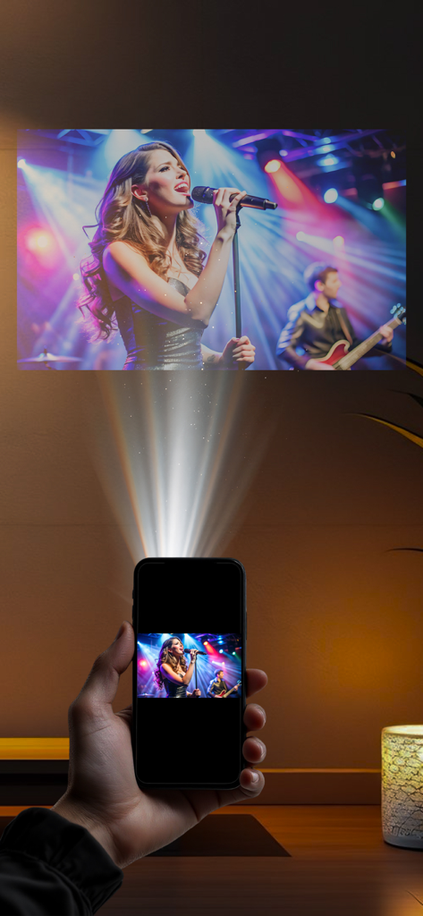 Mobile Projector Media - A smartphone projecting a live concert video onto a wall through a beam of light
