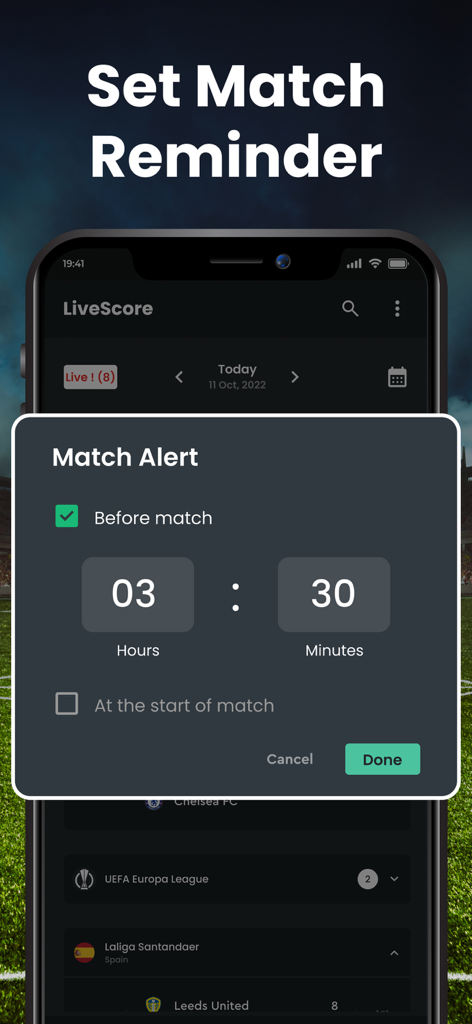 Football Scoreboard Live Score - Soccer app interface showing options to set match reminders and alerts